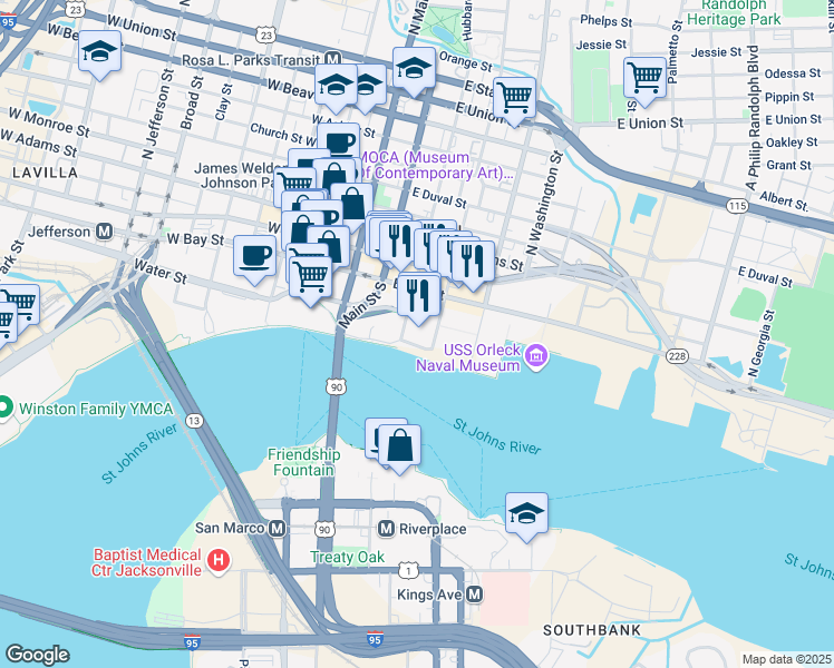 map of restaurants, bars, coffee shops, grocery stores, and more near 225 East Coastline Drive in Jacksonville
