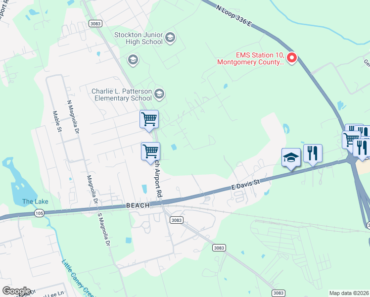 map of restaurants, bars, coffee shops, grocery stores, and more near 841 Waxahachie Street in Conroe