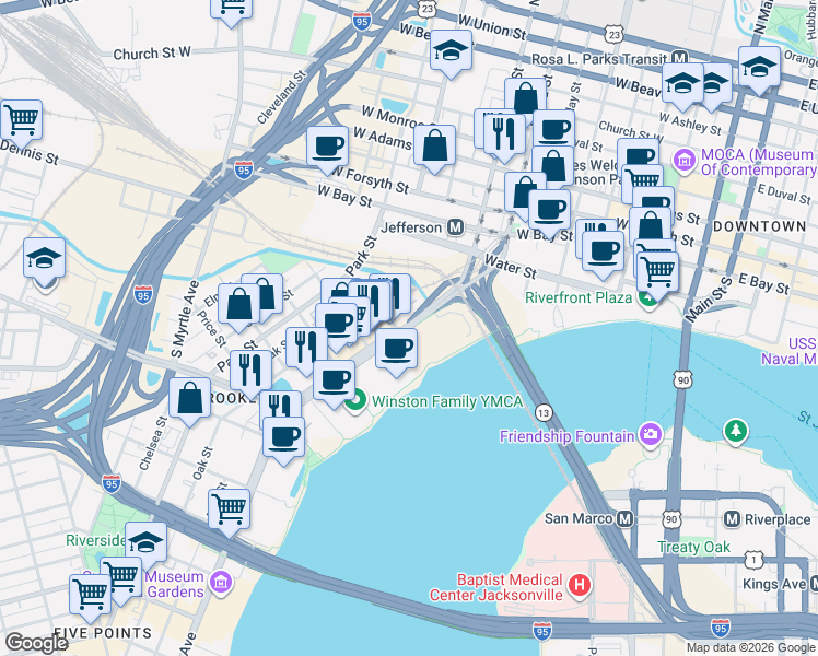 map of restaurants, bars, coffee shops, grocery stores, and more near 49 Riverside Avenue in Jacksonville