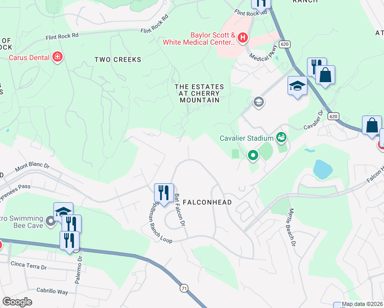 map of restaurants, bars, coffee shops, grocery stores, and more near 4113 Aplomado Falcon Cove in Austin