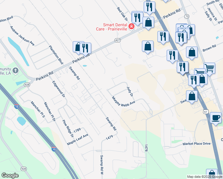 map of restaurants, bars, coffee shops, grocery stores, and more near 37053 Kathleen Avenue in Prairieville