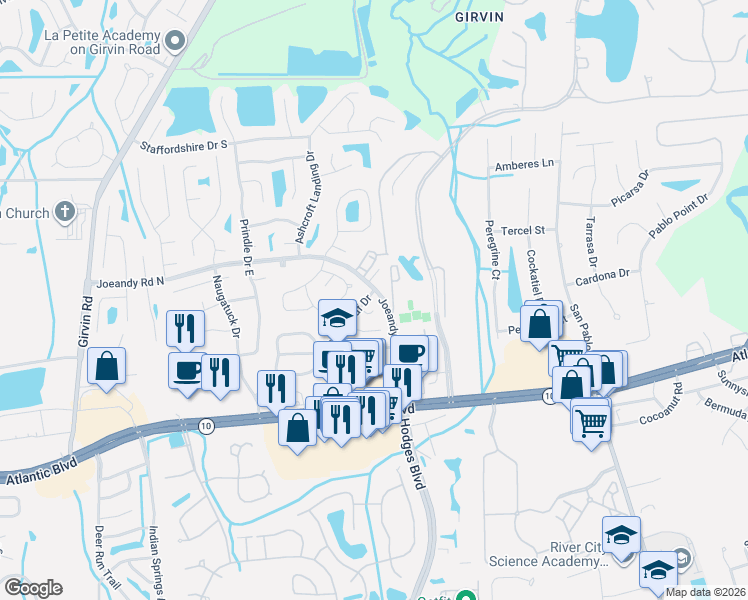 map of restaurants, bars, coffee shops, grocery stores, and more near 242 Leatherleaf Drive in Jacksonville