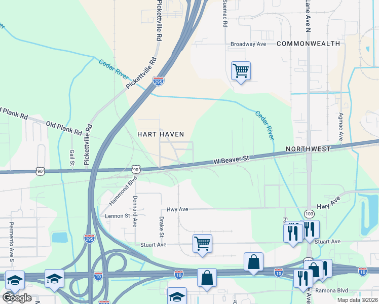 map of restaurants, bars, coffee shops, grocery stores, and more near 6940 Wadsworth Avenue in Jacksonville