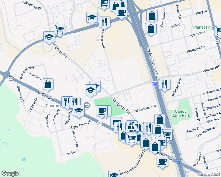 map of restaurants, bars, coffee shops, grocery stores, and more near 1701 Westview Boulevard in Conroe