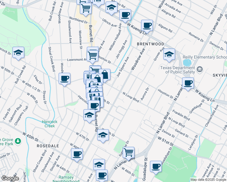 map of restaurants, bars, coffee shops, grocery stores, and more near 5215B Joe Sayers Avenue in Austin