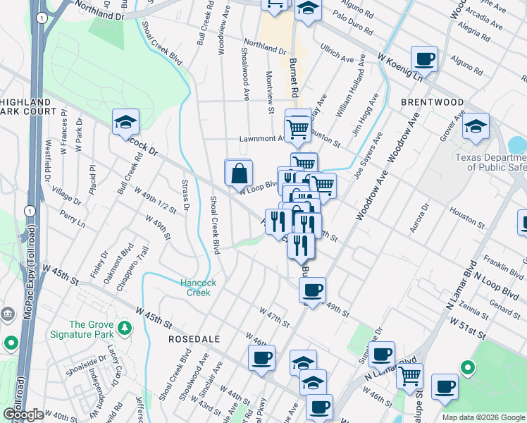map of restaurants, bars, coffee shops, grocery stores, and more near 2220 Hancock Drive in Austin