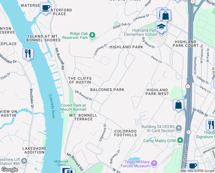 map of restaurants, bars, coffee shops, grocery stores, and more near 4301 Balcones Drive in Austin