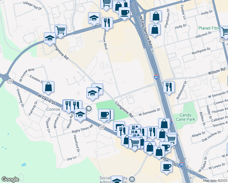map of restaurants, bars, coffee shops, grocery stores, and more near 1701 Westview Boulevard in Conroe