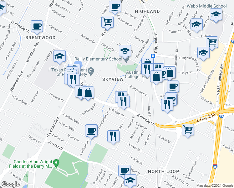 map of restaurants, bars, coffee shops, grocery stores, and more near 5709 Chesterfield Avenue in Austin