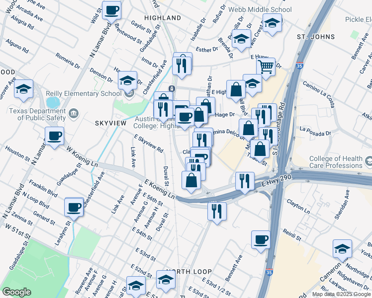 map of restaurants, bars, coffee shops, grocery stores, and more near 109 Jacob Fontaine Lane in Austin