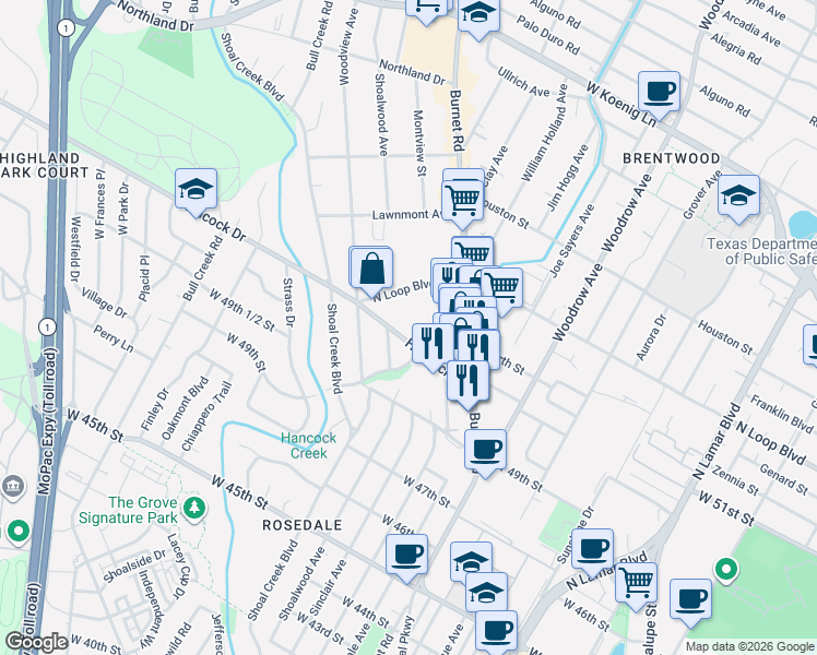 map of restaurants, bars, coffee shops, grocery stores, and more near 2220 Hancock Drive in Austin