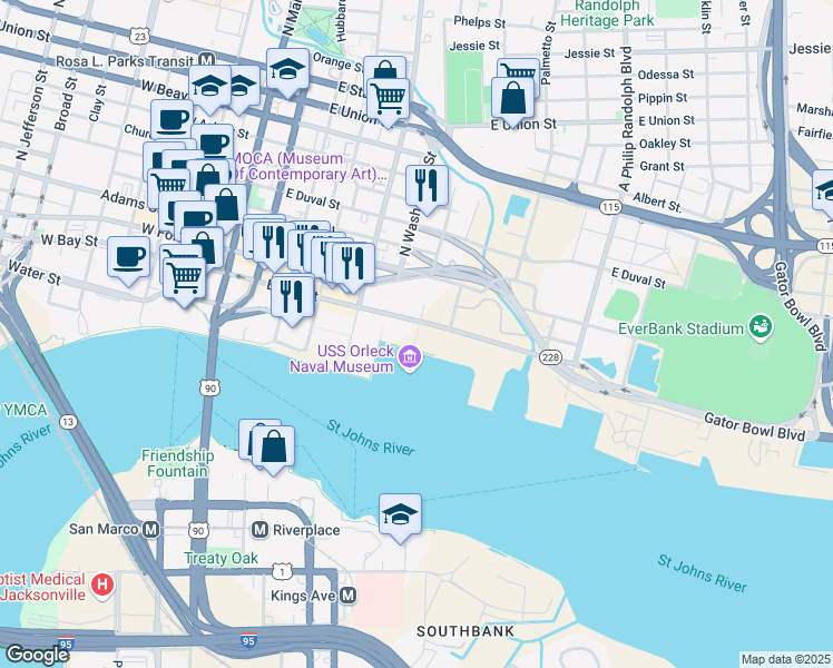 map of restaurants, bars, coffee shops, grocery stores, and more near 14 Catherine Street in Jacksonville