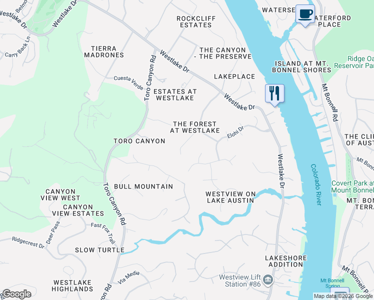 map of restaurants, bars, coffee shops, grocery stores, and more near 3407 Woodcutters Way in Austin