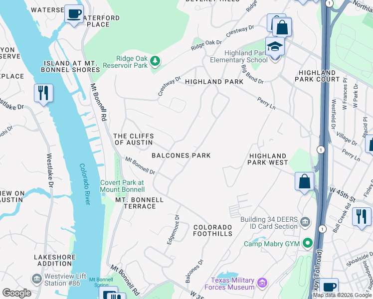 map of restaurants, bars, coffee shops, grocery stores, and more near 4300 Edgemont Drive in Austin