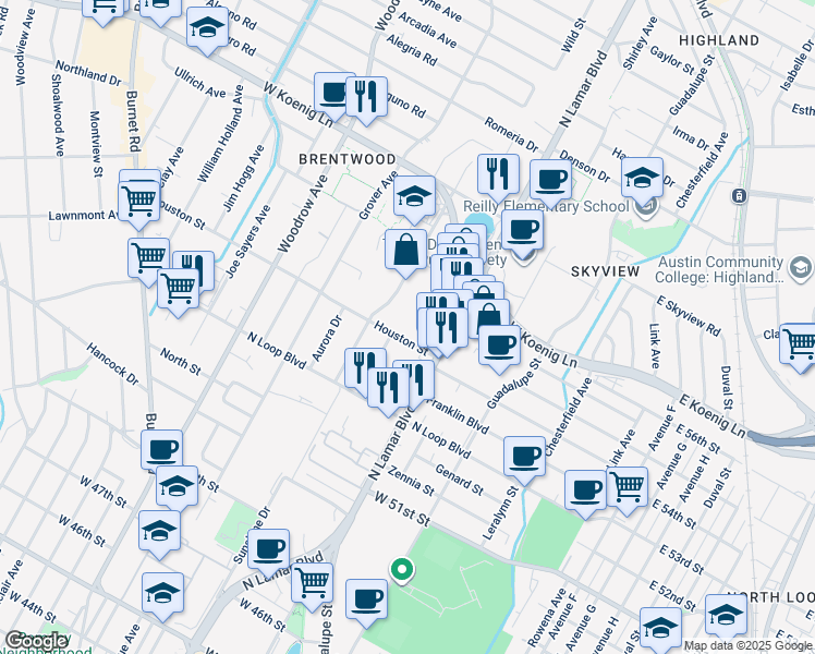map of restaurants, bars, coffee shops, grocery stores, and more near 836 Houston Street in Austin