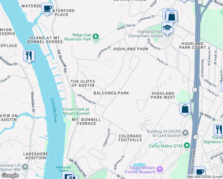map of restaurants, bars, coffee shops, grocery stores, and more near 4301 Balcones Drive in Austin