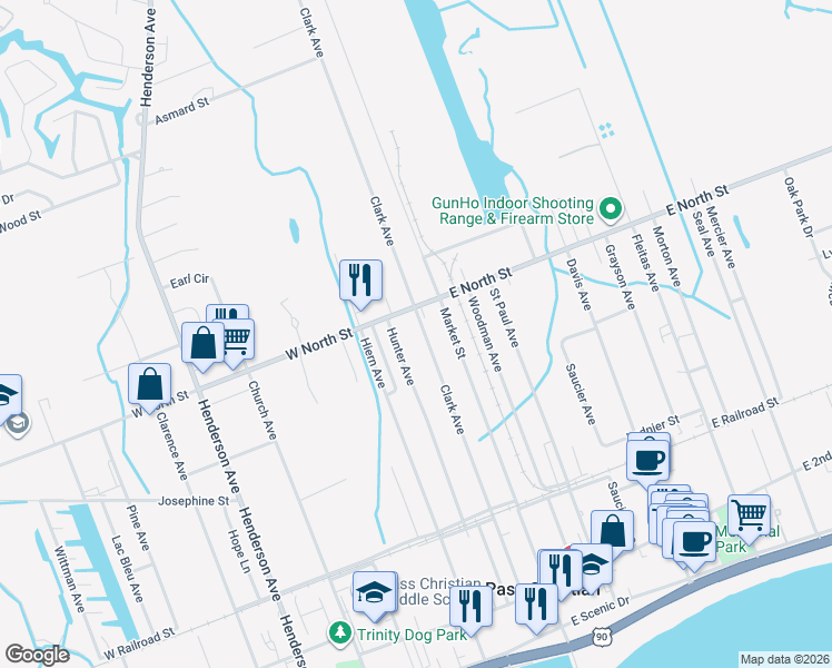 map of restaurants, bars, coffee shops, grocery stores, and more near 390 Hunter Avenue in Pass Christian
