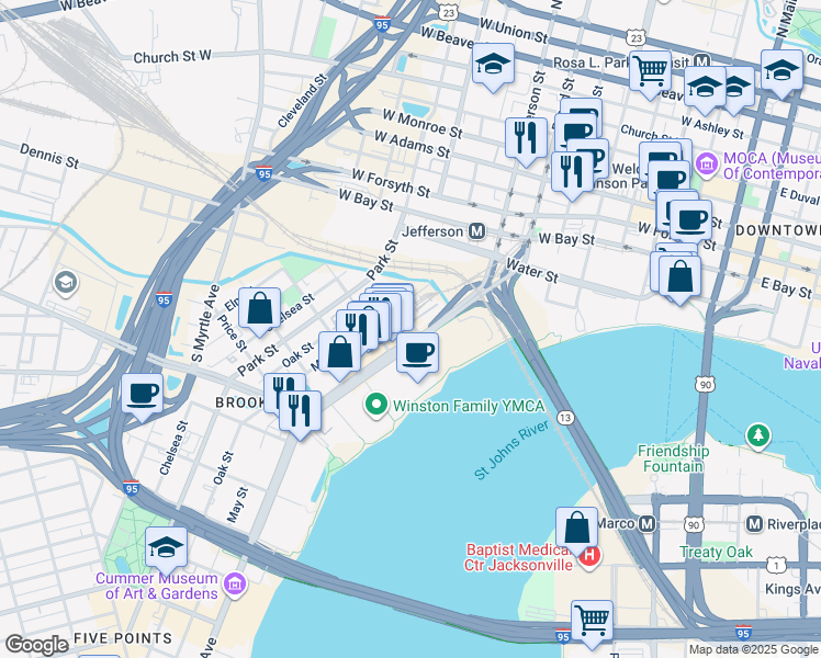 map of restaurants, bars, coffee shops, grocery stores, and more near 10 Riverside Avenue in Jacksonville