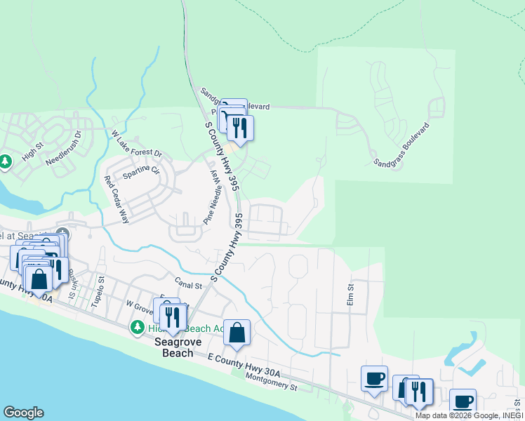 map of restaurants, bars, coffee shops, grocery stores, and more near 38 Blazing Star Drive in Santa Rosa Beach