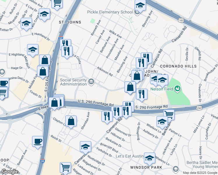 map of restaurants, bars, coffee shops, grocery stores, and more near 1114 Camino La Costa in Austin