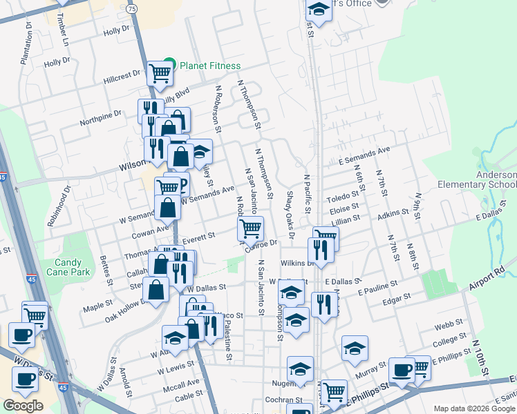 map of restaurants, bars, coffee shops, grocery stores, and more near 1404 North San Jacinto Street in Conroe