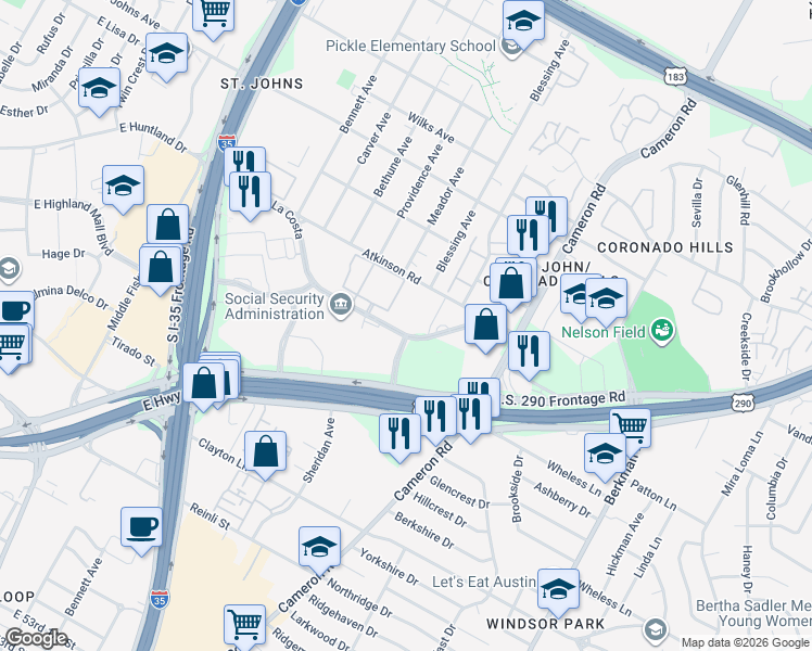 map of restaurants, bars, coffee shops, grocery stores, and more near 1114 Camino La Costa in Austin