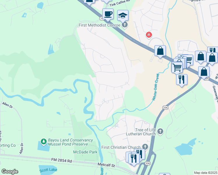 map of restaurants, bars, coffee shops, grocery stores, and more near 9 Dumaine Court in Conroe