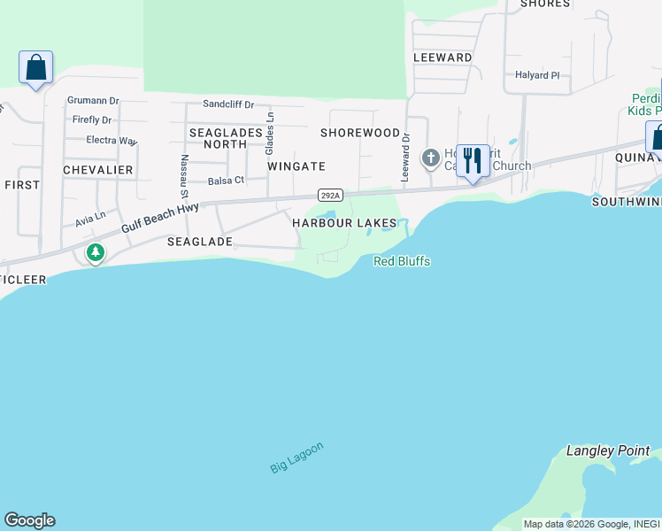 map of restaurants, bars, coffee shops, grocery stores, and more near 154 Ethel Wingate Drive in Pensacola