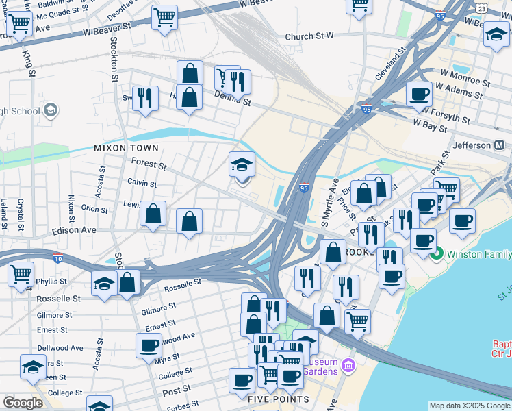 map of restaurants, bars, coffee shops, grocery stores, and more near 2020 Forest Street in Jacksonville