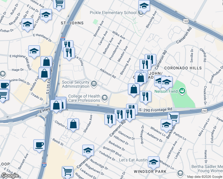 map of restaurants, bars, coffee shops, grocery stores, and more near 1114 Camino La Costa in Austin