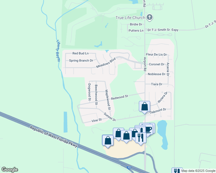 map of restaurants, bars, coffee shops, grocery stores, and more near 202 Elmwood Street in Slidell