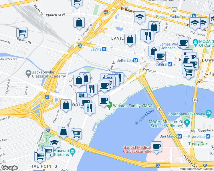 map of restaurants, bars, coffee shops, grocery stores, and more near 724 Stonewall Street in Jacksonville