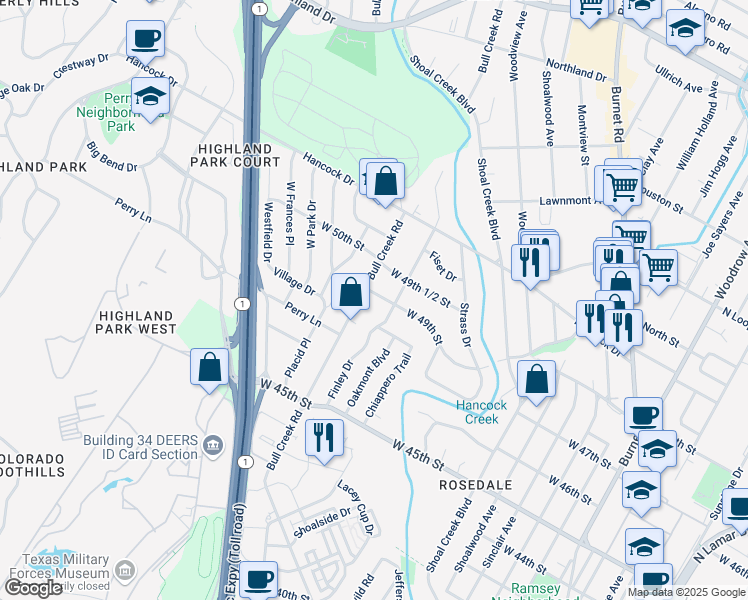 map of restaurants, bars, coffee shops, grocery stores, and more near 2707 West 49th Street in Austin