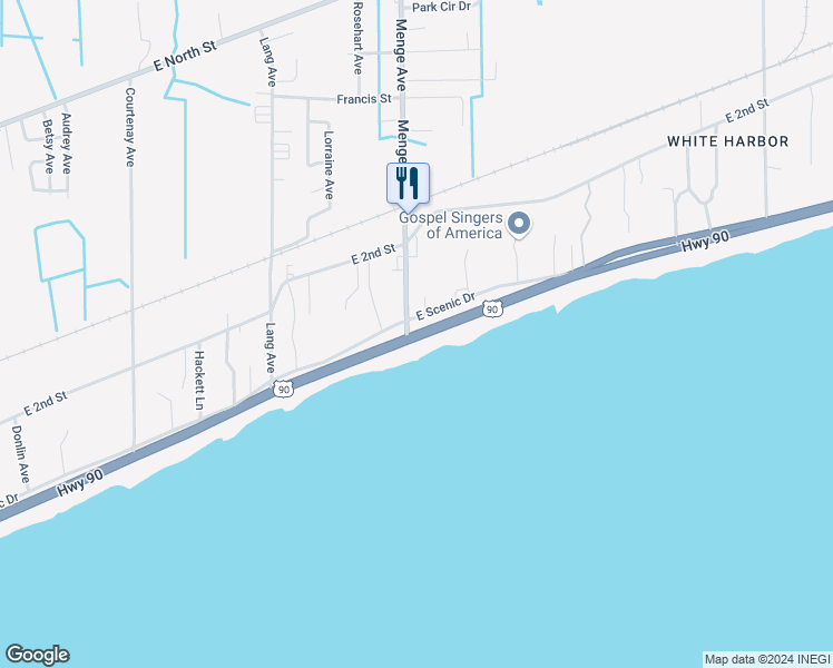map of restaurants, bars, coffee shops, grocery stores, and more near East Beach Boulevard in Pass Christian