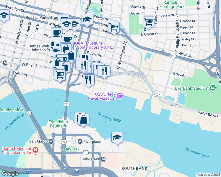 map of restaurants, bars, coffee shops, grocery stores, and more near 400 East Bay Street in Jacksonville