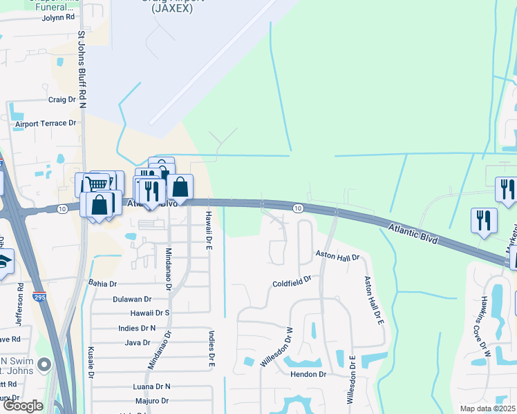 map of restaurants, bars, coffee shops, grocery stores, and more near 11110 Atlantic Boulevard in Jacksonville
