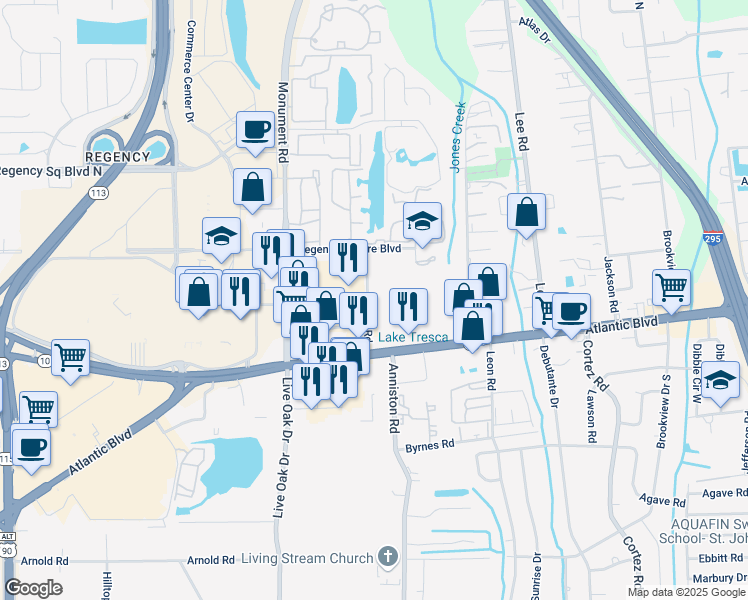 map of restaurants, bars, coffee shops, grocery stores, and more near 181 Library Road in Jacksonville