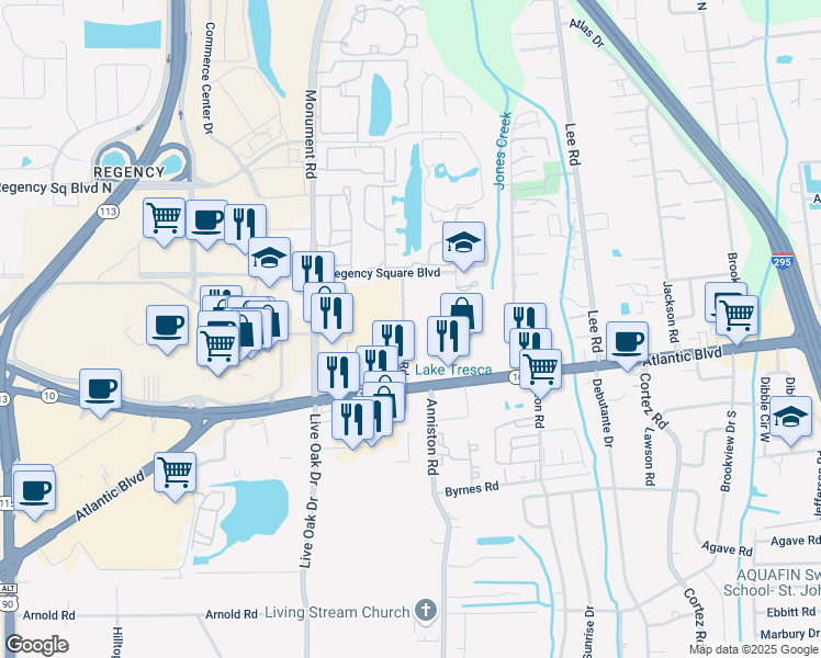 map of restaurants, bars, coffee shops, grocery stores, and more near 181 Library Road in Jacksonville