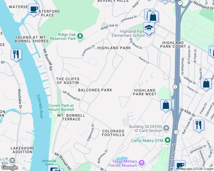 map of restaurants, bars, coffee shops, grocery stores, and more near 4401 Edgemont Drive in Austin