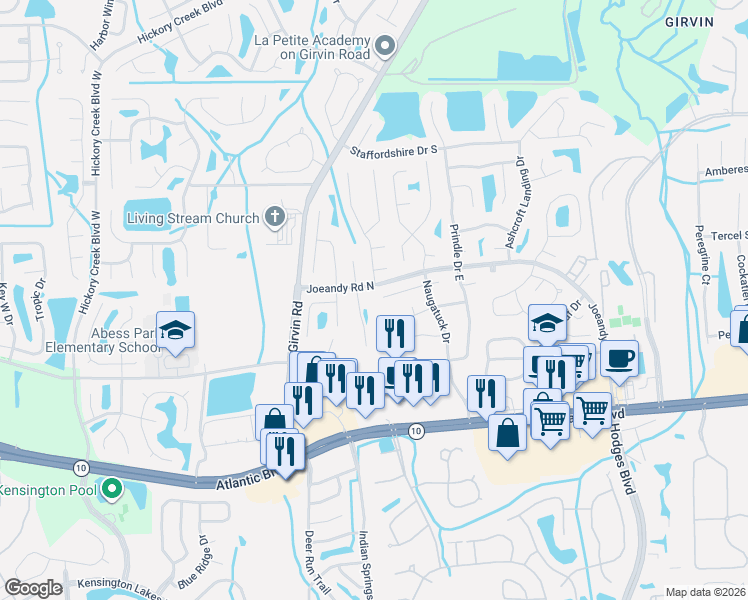 map of restaurants, bars, coffee shops, grocery stores, and more near 164 Nadia Michelle Court South in Jacksonville