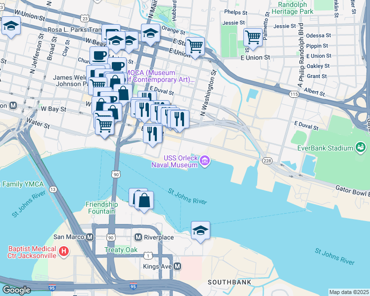map of restaurants, bars, coffee shops, grocery stores, and more near 100 South Liberty Street in Jacksonville