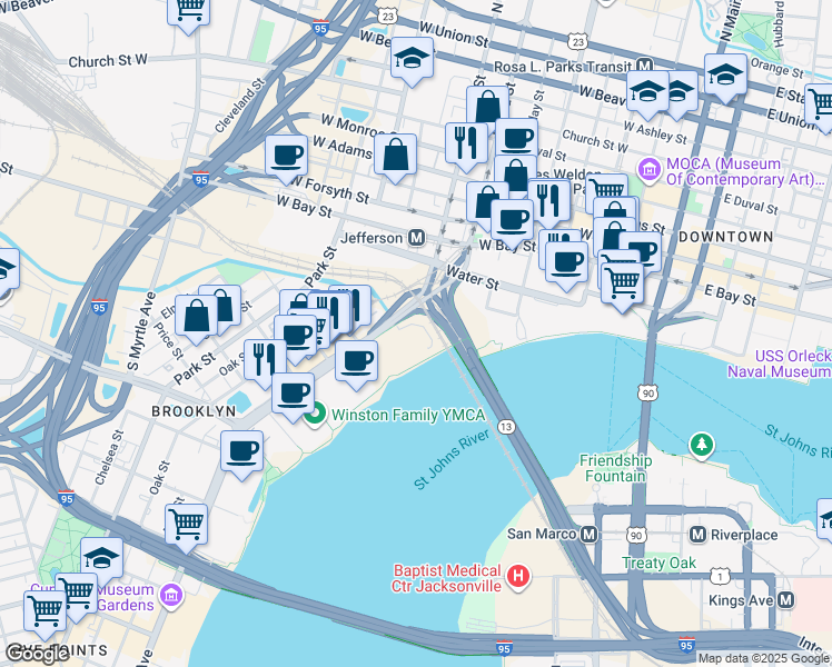map of restaurants, bars, coffee shops, grocery stores, and more near 1 Riverside Avenue in Jacksonville