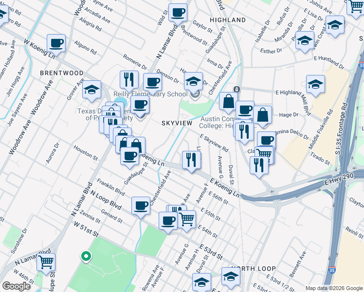 map of restaurants, bars, coffee shops, grocery stores, and more near 5710 Avenue D in Austin