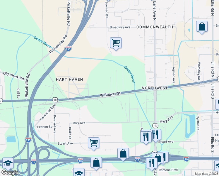 map of restaurants, bars, coffee shops, grocery stores, and more near 6803 West Beaver Street in Jacksonville