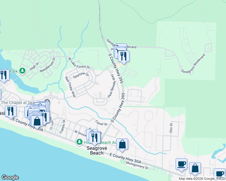 map of restaurants, bars, coffee shops, grocery stores, and more near 215 Pine Needle Way in Santa Rosa Beach