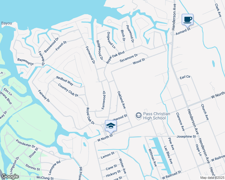 map of restaurants, bars, coffee shops, grocery stores, and more near 105 Oakland Ave in Pass Christian