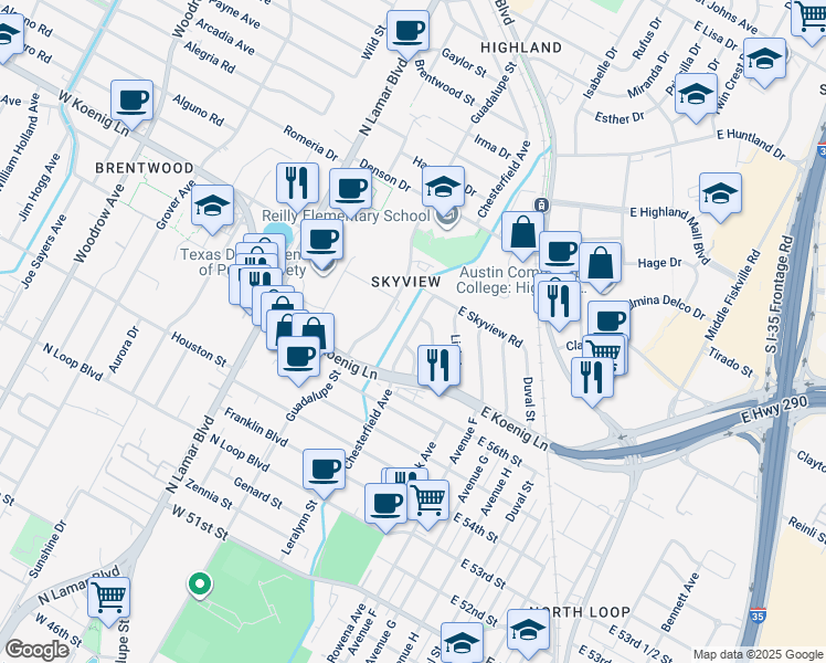 map of restaurants, bars, coffee shops, grocery stores, and more near 5710 Avenue D in Austin