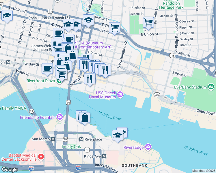 map of restaurants, bars, coffee shops, grocery stores, and more near 100 South Liberty Street in Jacksonville