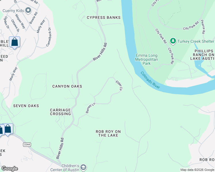 map of restaurants, bars, coffee shops, grocery stores, and more near 1120 Elder Circle in Austin