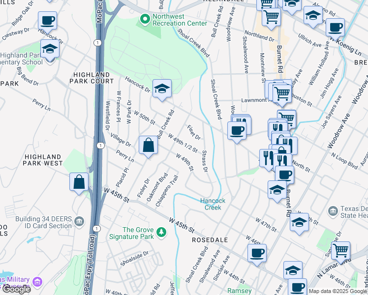 map of restaurants, bars, coffee shops, grocery stores, and more near 2636 West 49th Street in Austin